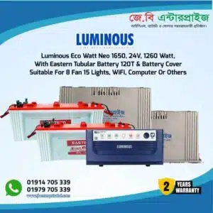 Luminous Ips Eco Watt Neo 1650 24v With Eastern Tubular Battery 120t 2p For 8 Fan 16 Lights Or Others