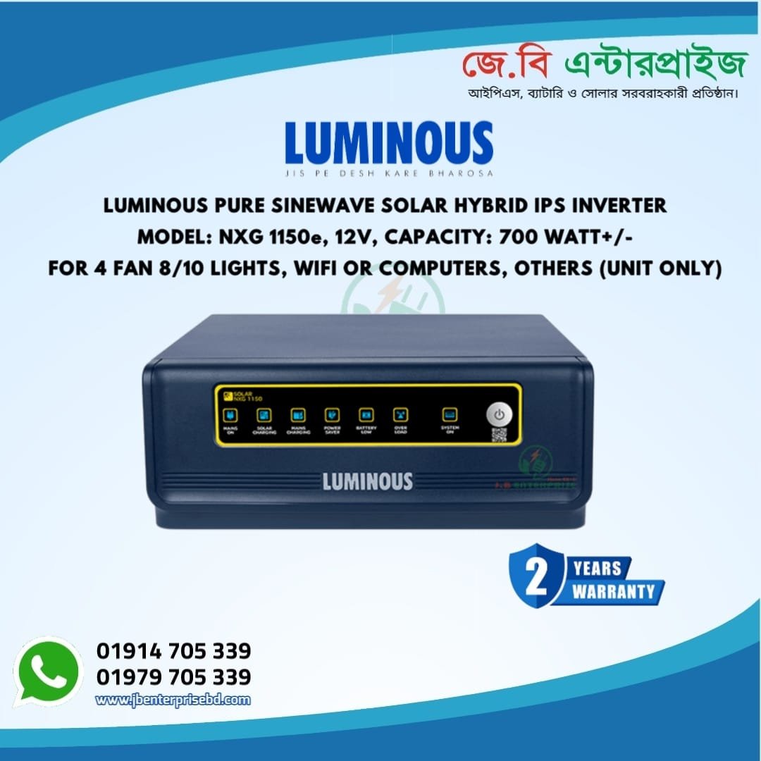"Luminous Solar NXG 1150E Hybrid Inverter – 850VA 12V with Built-in 40A Solar Charge Controller for Home and Office Use"