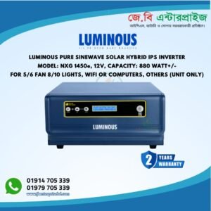 "Luminous Solar NXG 1450E Hybrid Inverter – 1100VA 12V with Built-in 50A PWM Solar Charge Controller for Home and Office Backup"