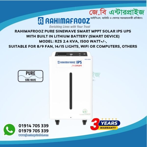 Rahimafrooz RZS 2.4KVA Smart Solar IPS Inverter with Built-in Lithium Battery, Pure Sine Wave, MPPT Solar, Wi-Fi Monitoring