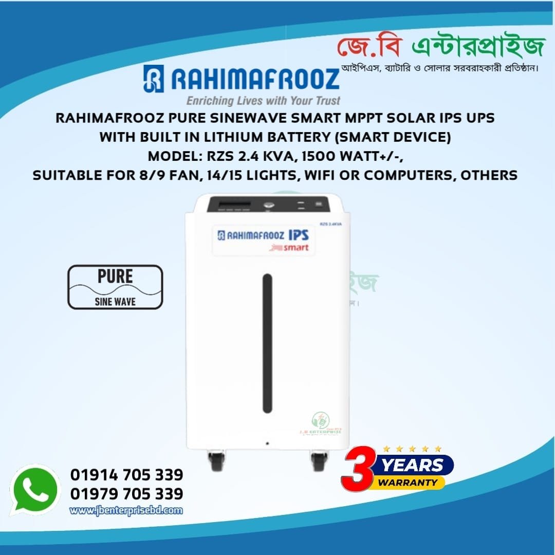Rahimafrooz RZS 2.4KVA Smart Solar IPS Inverter with Built-in Lithium Battery, Pure Sine Wave, MPPT Solar, Wi-Fi Monitoring